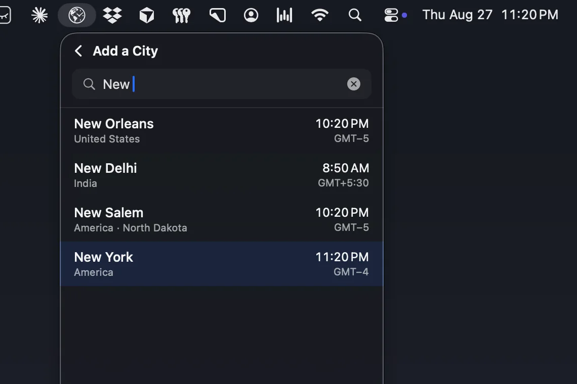 The Add a City screen with a search term typed in, matching New Orleans, New Delhi, New Salem and New York, each with its current time and GMT offset.