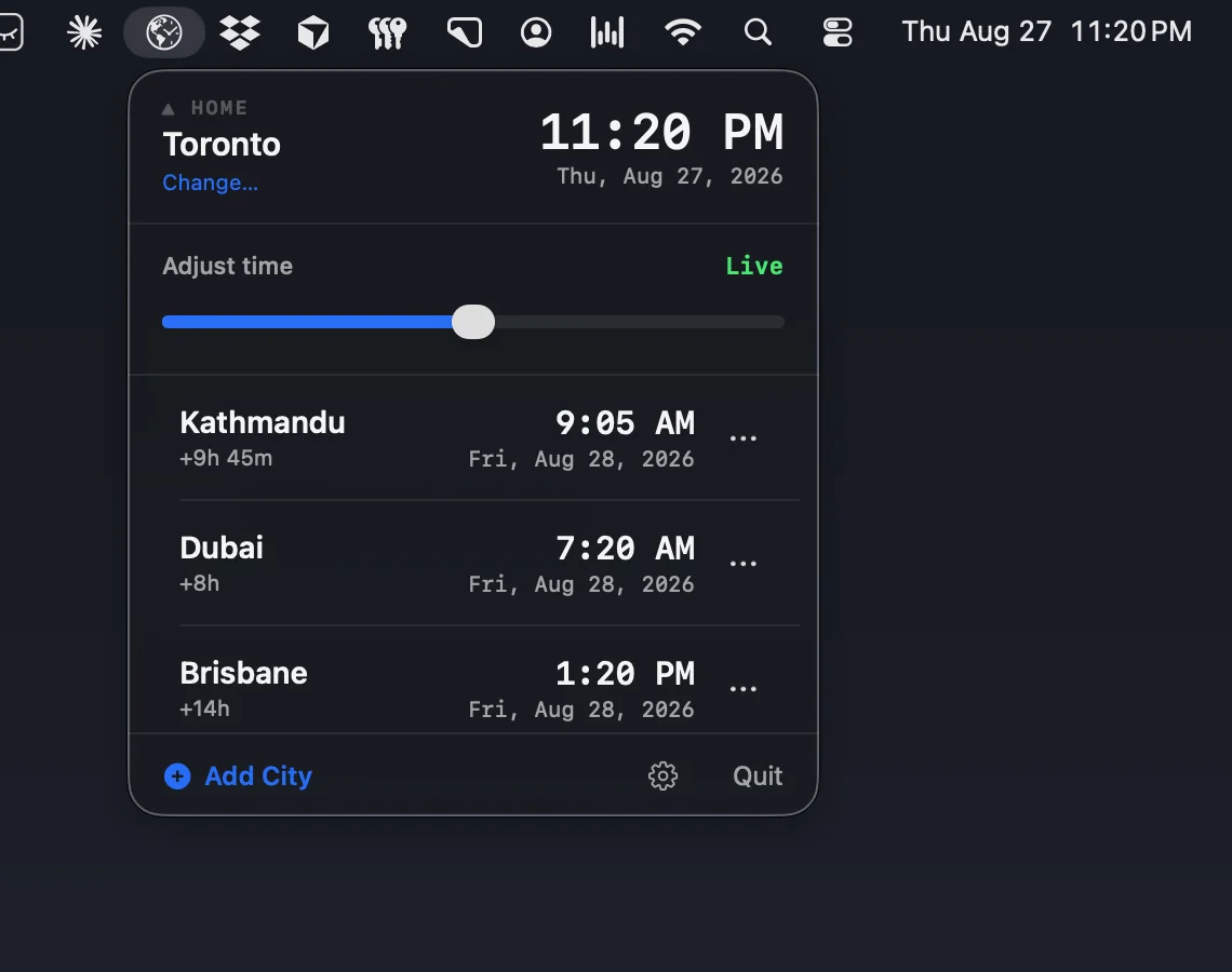The My Time Zone dropdown open under the real macOS menu bar: Toronto as home with the time large, an adjust-time slider reading Live, and Kathmandu, Dubai and Brisbane listed with their times, dates and offsets from home.
