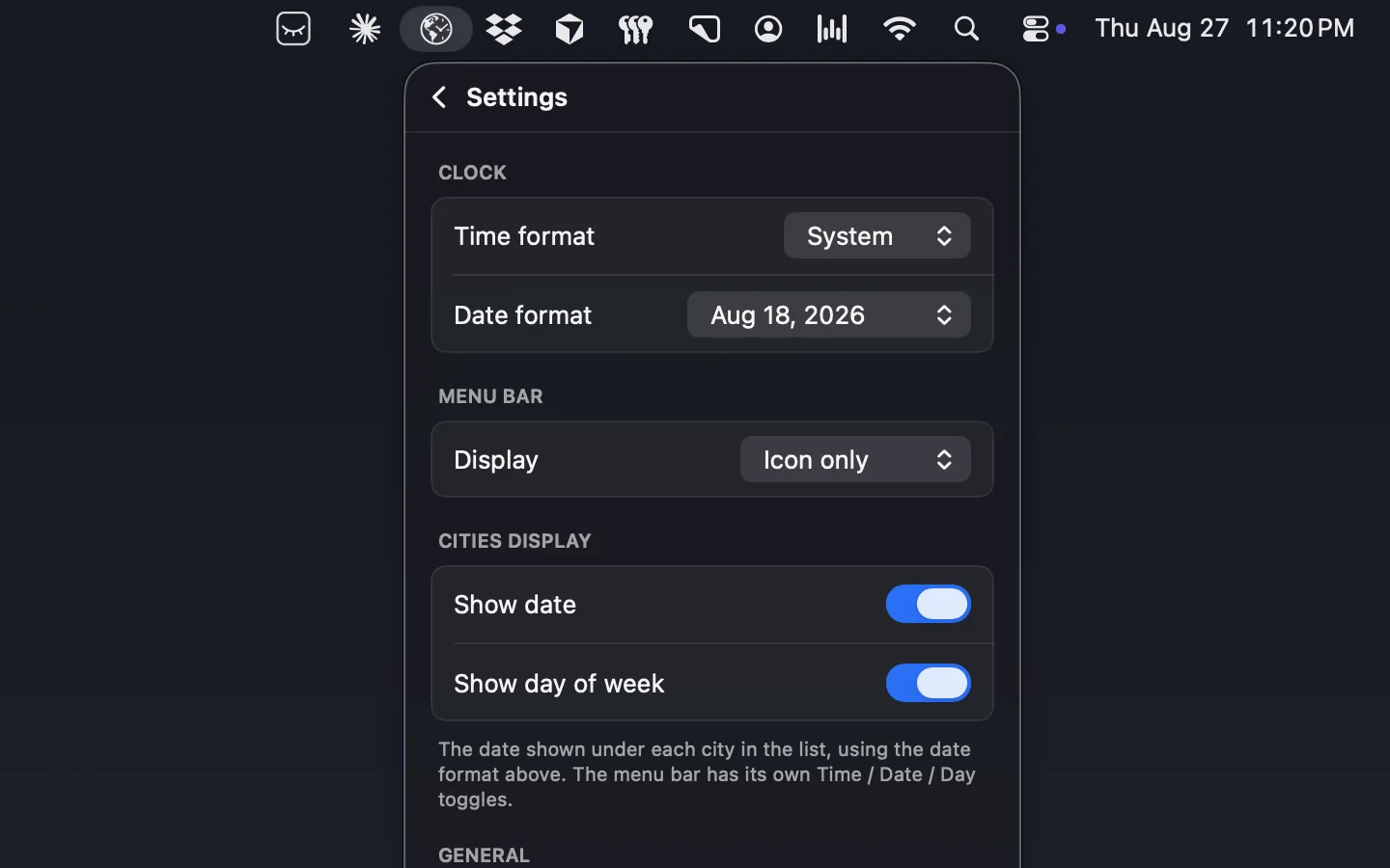 The My Time Zone Settings panel under the real macOS menu bar: Clock time and date formats, the Menu Bar display picker, and Cities Display toggles for the date and the day of week.
